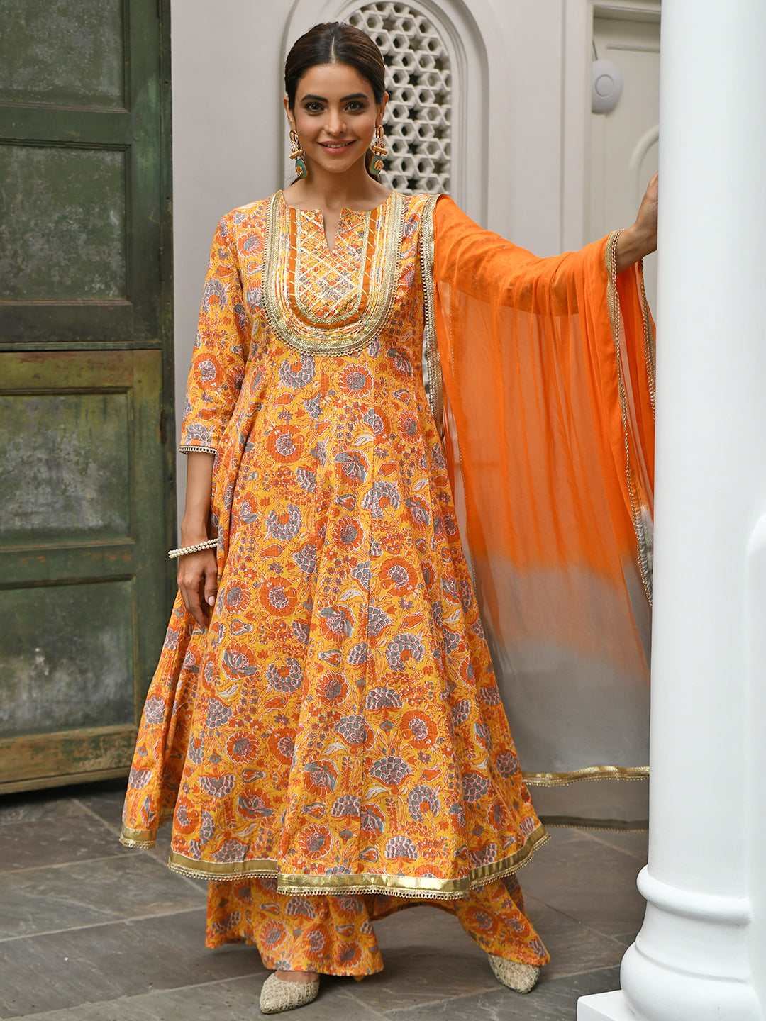 Janasya Women's Mustard Cotton Embroidered Kurta With Palazzo And Dupatta | Swadesiicart