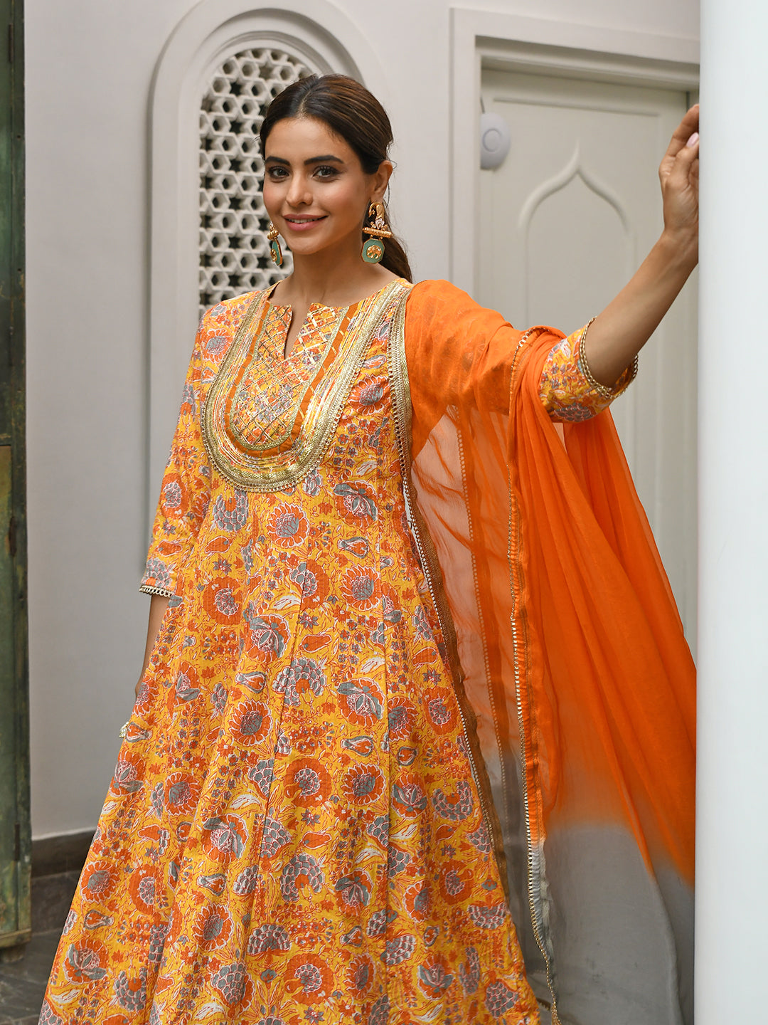 Janasya Women's Mustard Cotton Embroidered Kurta With Palazzo And Dupatta | Swadesiicart