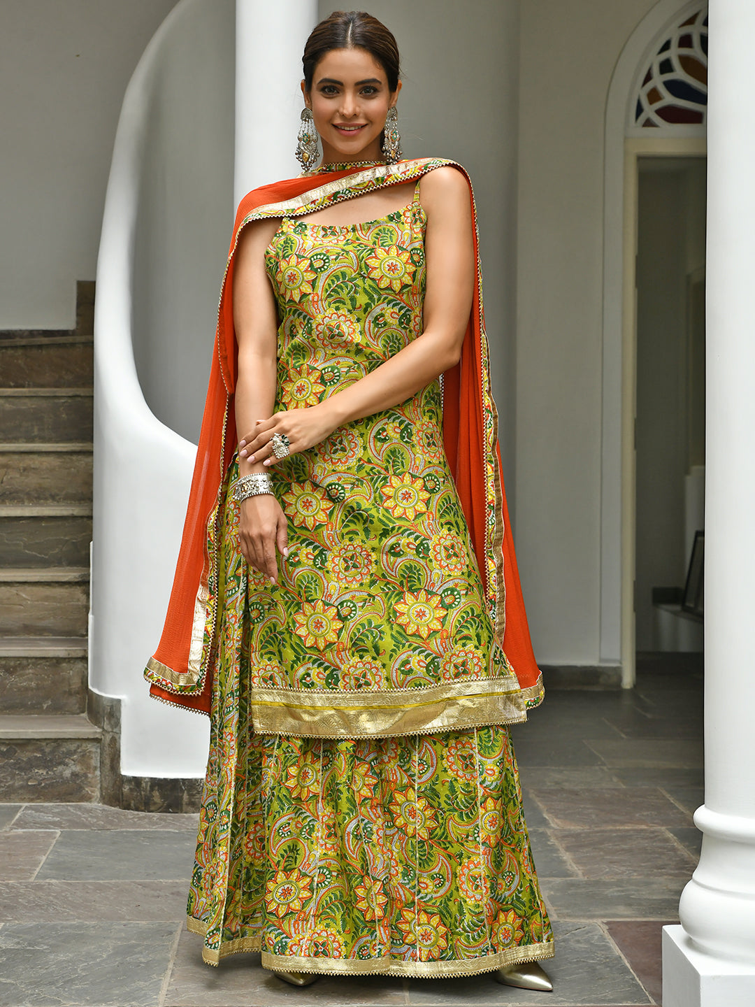 Janasya Women's Green Cotton Floral Block Print Kurta With Palazzo And Dupatta | Swadesiicart