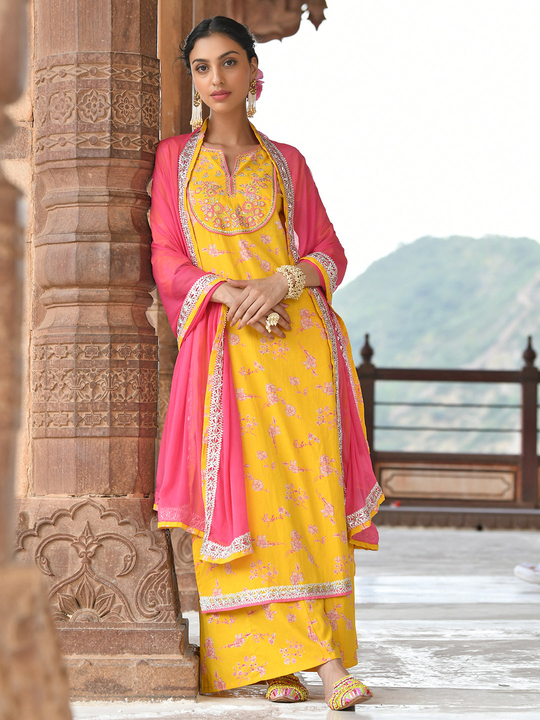 Janasya Women's Yellow Cotton Embroidered Kurta With Palazzo And Dupatta | Swadesiicart