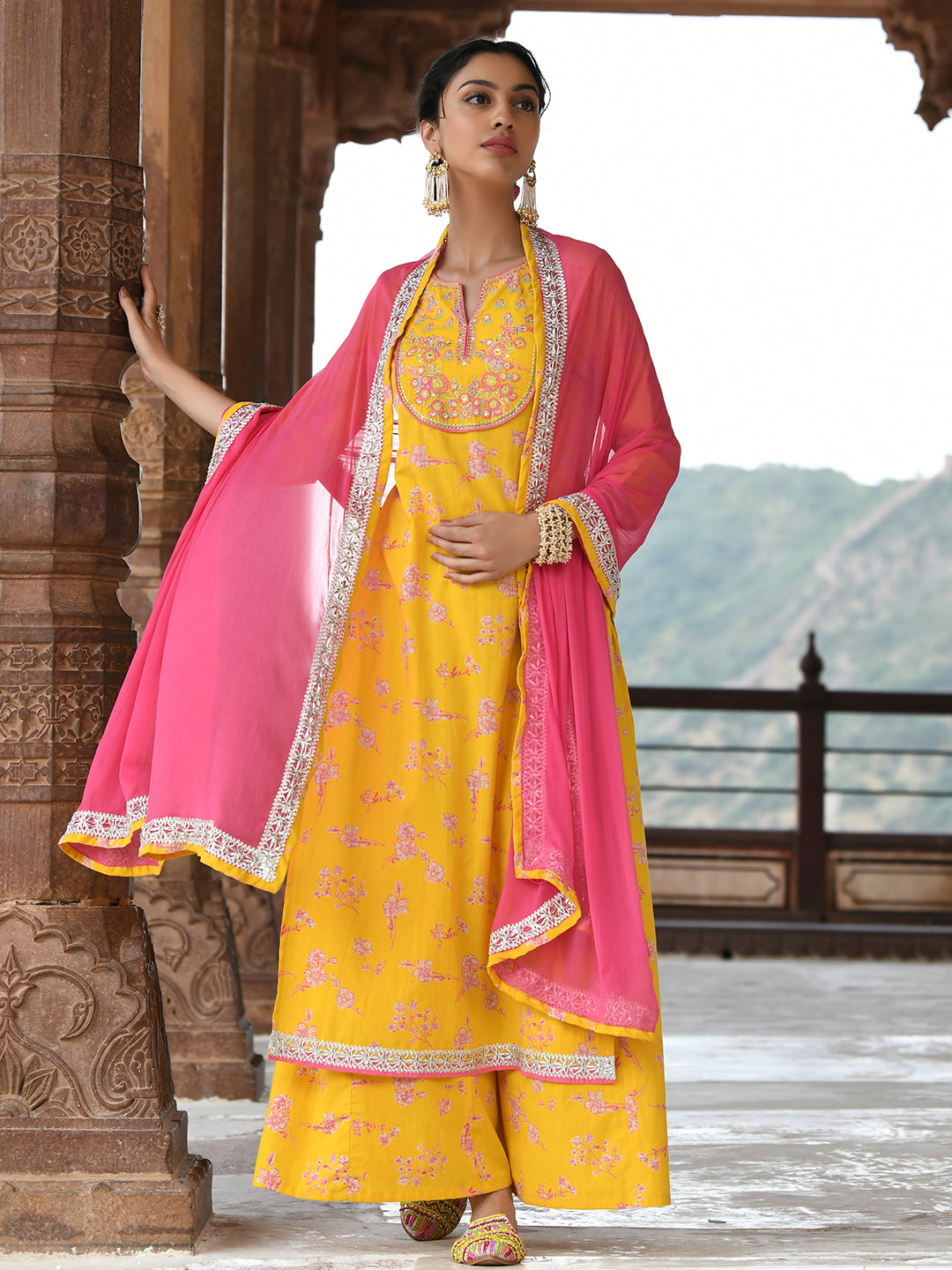 Janasya Women's Yellow Cotton Embroidered Kurta With Palazzo And Dupatta | Swadesiicart