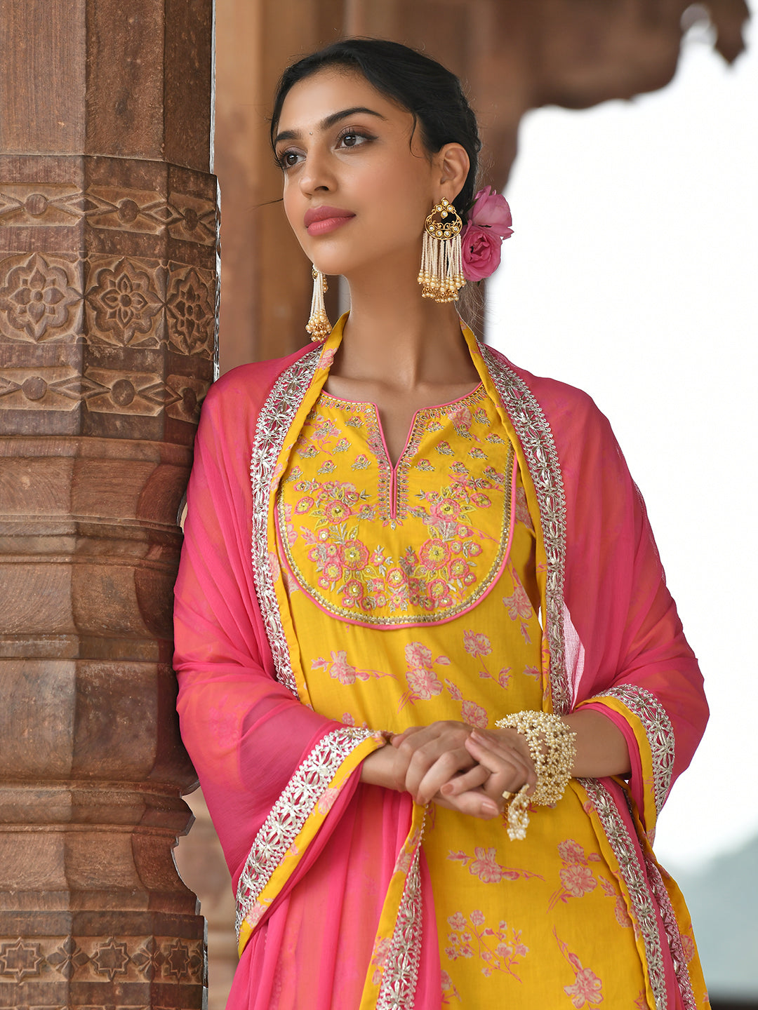 Janasya Women's Yellow Cotton Embroidered Kurta With Palazzo And Dupatta | Swadesiicart