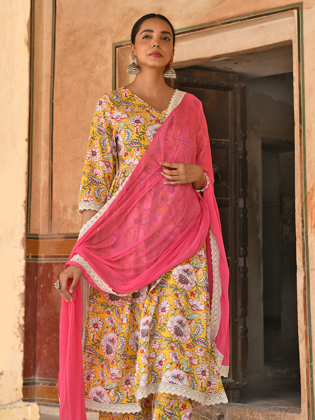 Janasya Women's Yellow Cotton Floral Print Kurta With Palazzo And Dupatta | Swadesiicart