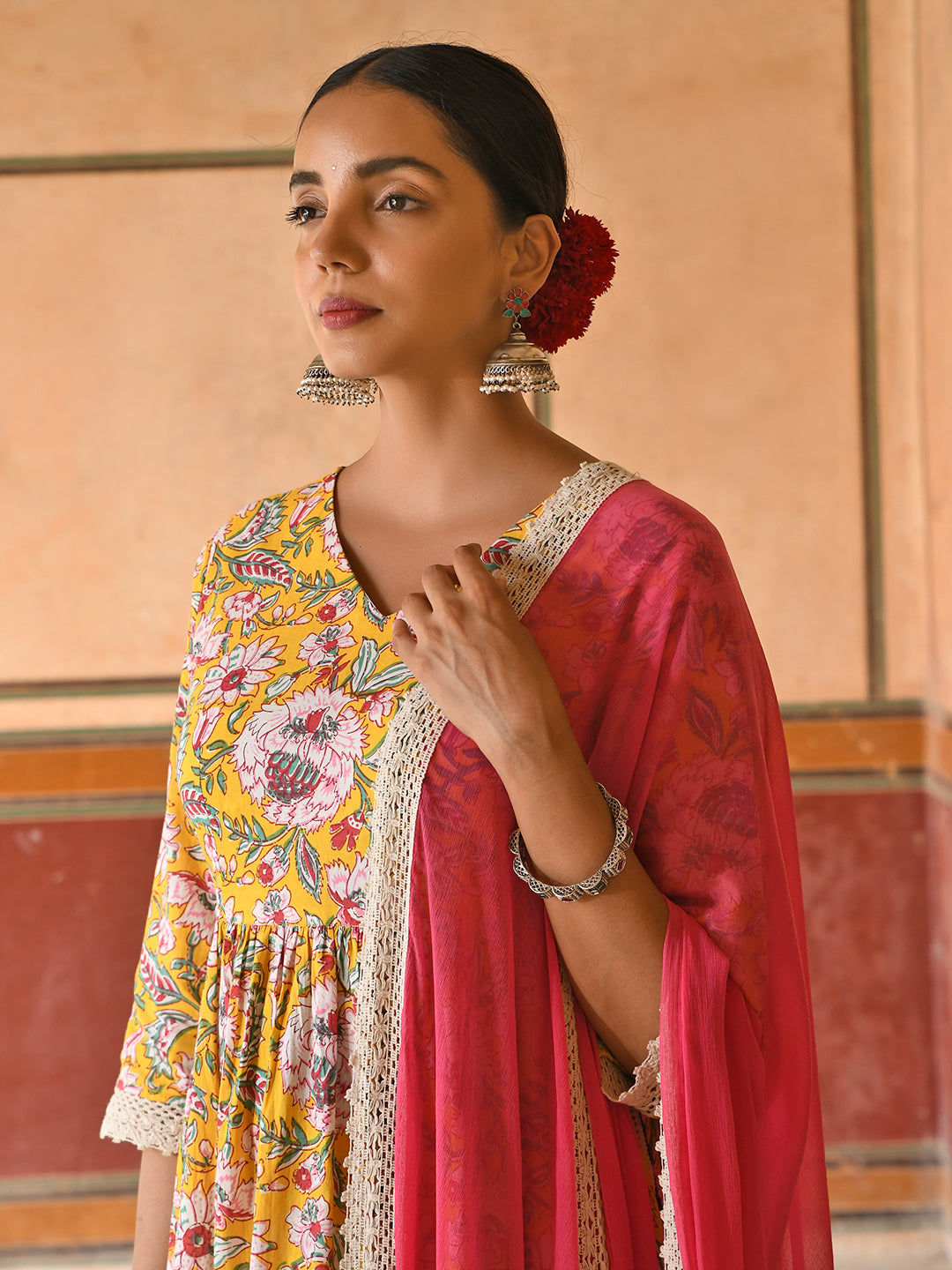 Janasya Women's Yellow Cotton Floral Print Kurta With Palazzo And Dupatta | Swadesiicart