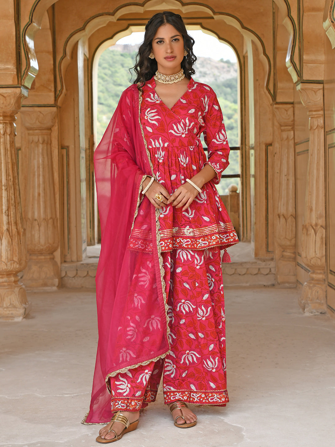 Janasya Women's Pink Cotton Floral Block Print Short Kurta With Sharara And Dupatta | Swadesiicart