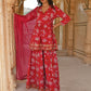 Janasya Women's Pink Cotton Floral Block Print Short Kurta With Sharara And Dupatta | Swadesiicart