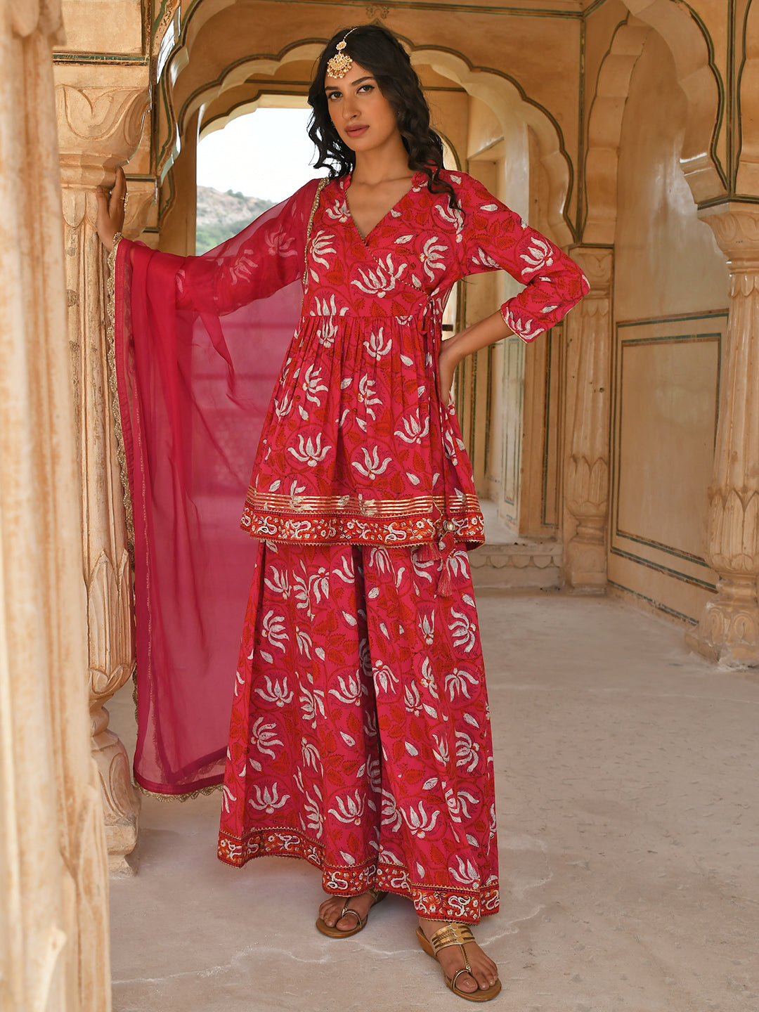Janasya Women's Pink Cotton Floral Block Print Short Kurta With Sharara And Dupatta | Swadesiicart