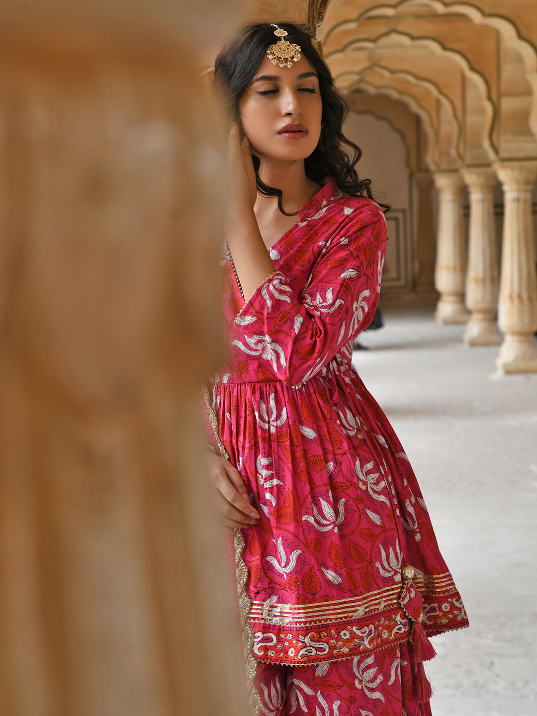Janasya Women's Pink Cotton Floral Block Print Short Kurta With Sharara And Dupatta | Swadesiicart