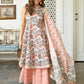 Janasya Women's White Cotton Floral Block Print Kurta With Sharara And Dupatta | Swadesiicart