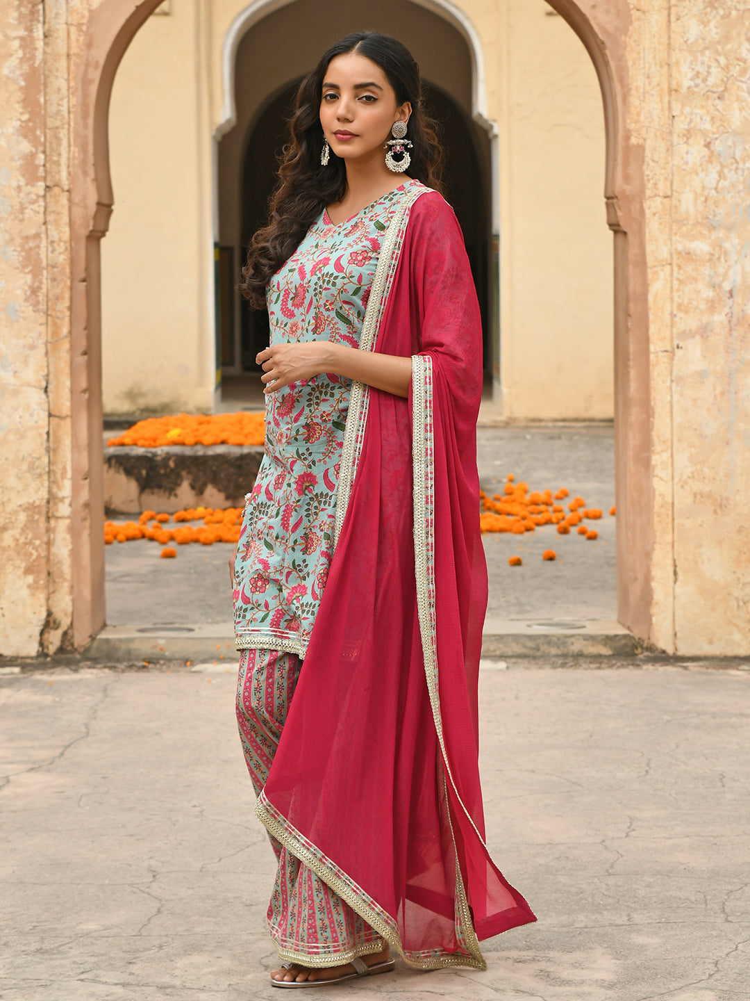 Janasya Women's Sea Green Cotton Floral Block Print Kurta With Palazzo And Dupatta | Swadesiicart