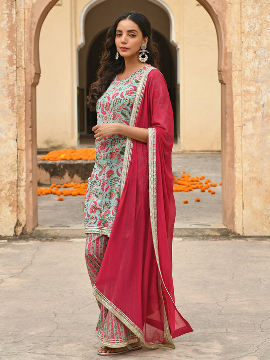 Janasya Women's Sea Green Cotton Floral Block Print Kurta With Palazzo And Dupatta | Swadesiicart
