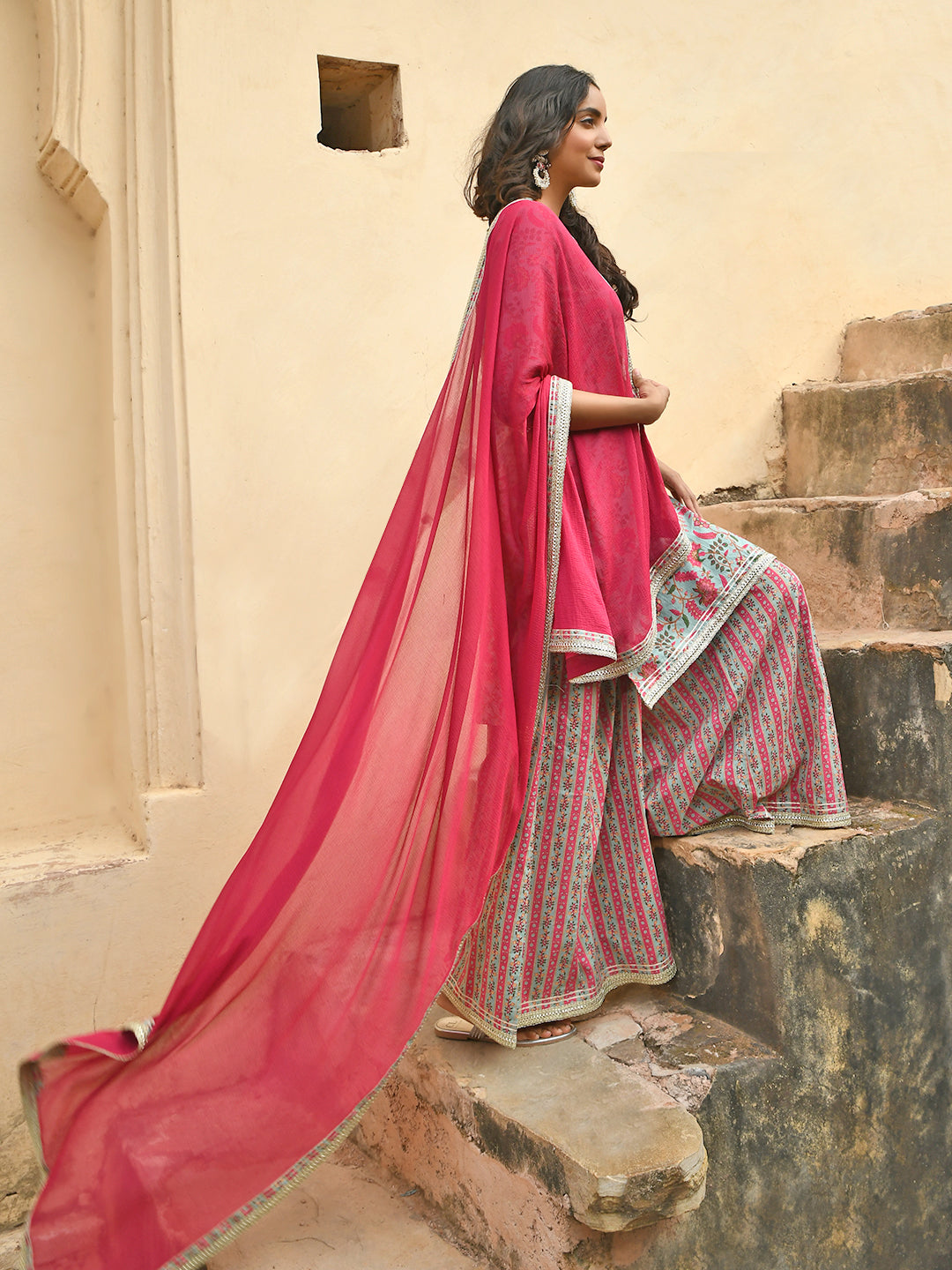 Janasya Women's Sea Green Cotton Floral Block Print Kurta With Palazzo And Dupatta | Swadesiicart