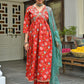 Janasya Women's Red Cotton Floral Block Print Kurta With Palazzo And Dupatta | Swadesiicart