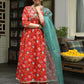 Janasya Women's Red Cotton Floral Block Print Kurta With Palazzo And Dupatta | Swadesiicart