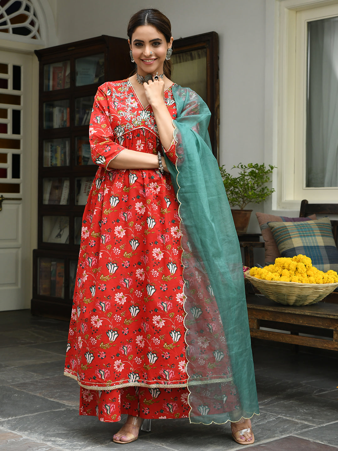 Janasya Women's Red Cotton Floral Block Print Kurta With Palazzo And Dupatta | Swadesiicart