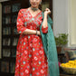 Janasya Women's Red Cotton Floral Block Print Kurta With Palazzo And Dupatta | Swadesiicart