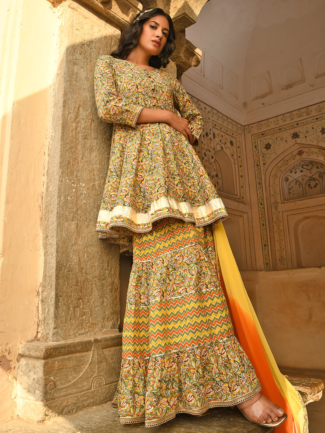 Janasya Women's Light Green Cotton Floral Block Print Kurta With Gharara And Dupatta | Swadesiicart