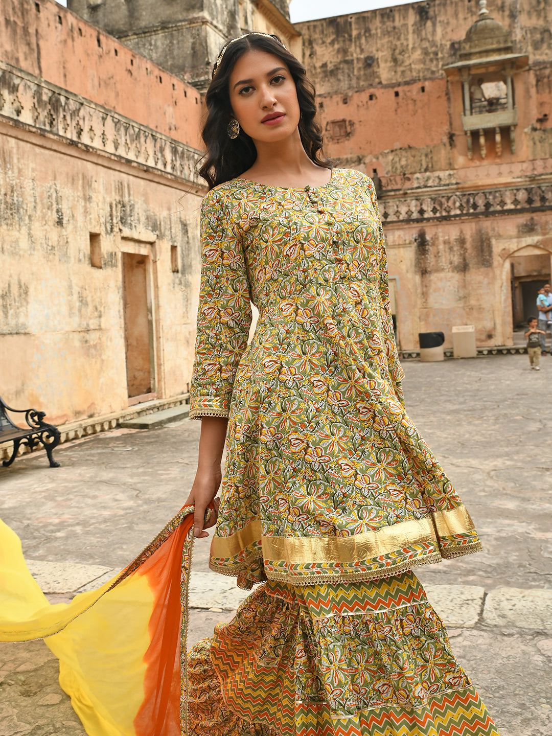 Janasya Women's Light Green Cotton Floral Block Print Kurta With Gharara And Dupatta | Swadesiicart