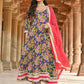 Janasya Women's Blue Cotton Floral Block Print Kurta With Pant And Dupatta | Swadesiicart