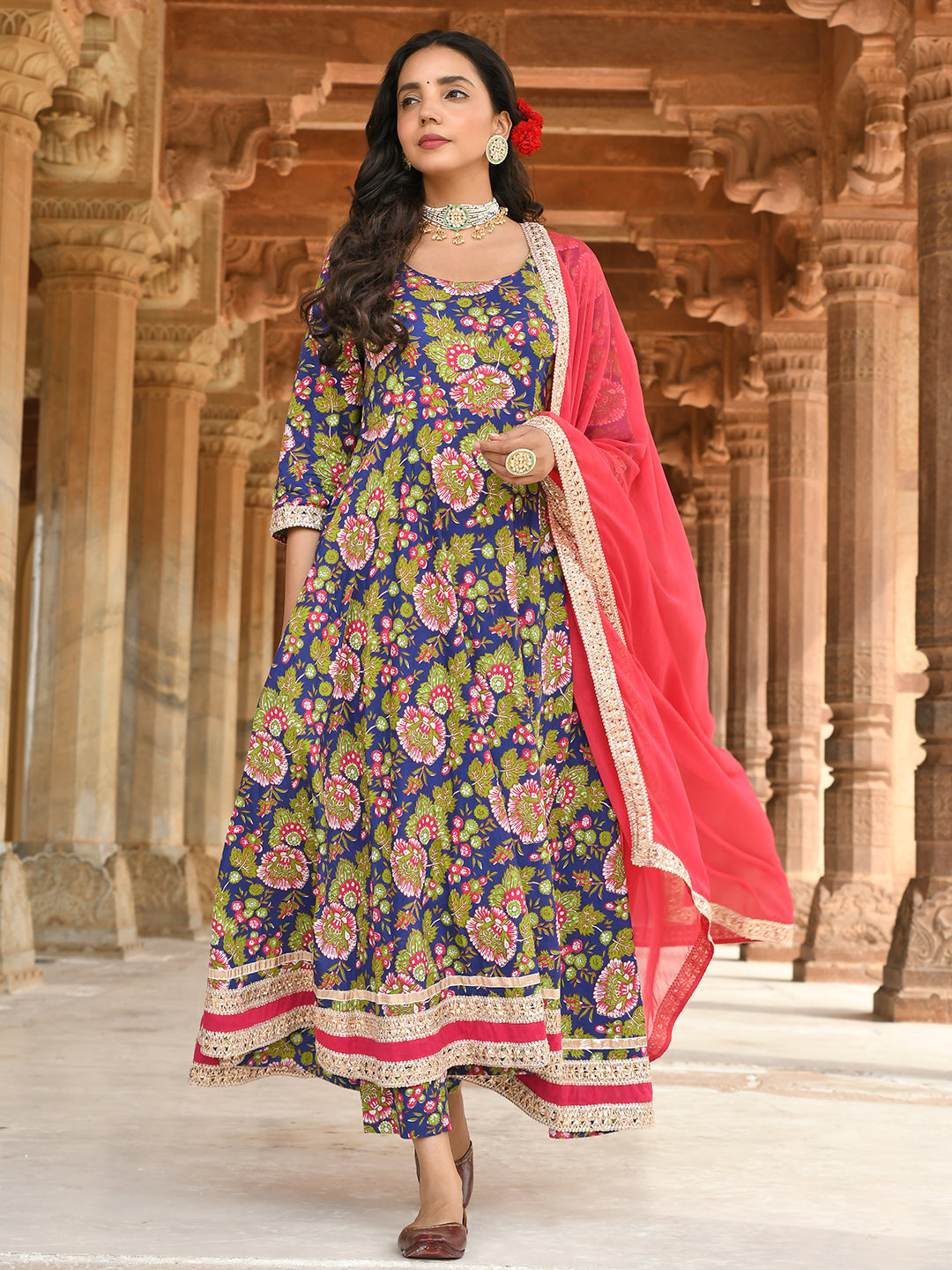 Janasya Women's Blue Cotton Floral Block Print Kurta With Pant And Dupatta | Swadesiicart