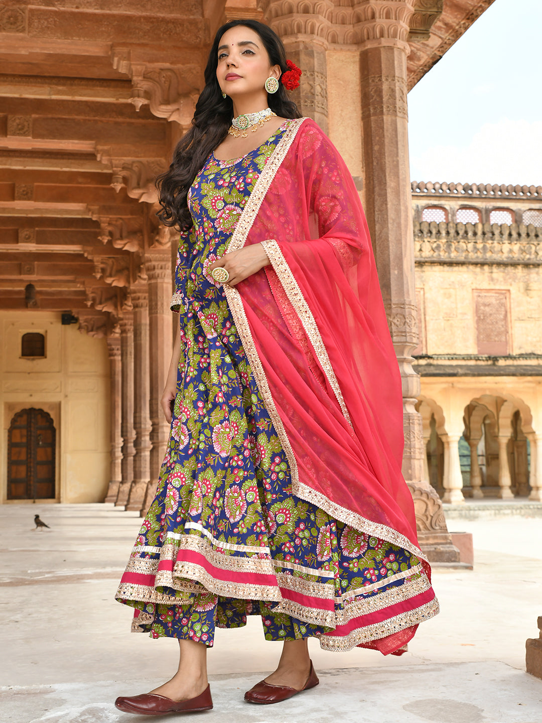 Janasya Women's Blue Cotton Floral Block Print Kurta With Pant And Dupatta | Swadesiicart