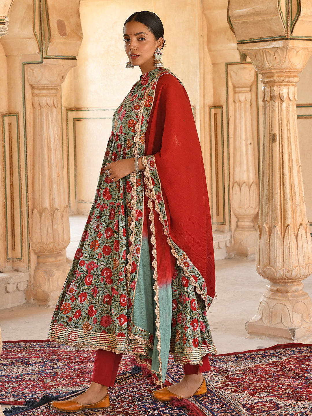 Janasya Women's Sea Green Cotton Floral Block Print Kurta With Pant And Dupatta | Swadesiicart