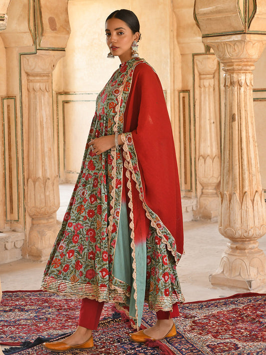 Janasya Women's Sea Green Cotton Floral Block Print Kurta With Pant And Dupatta | Swadesiicart