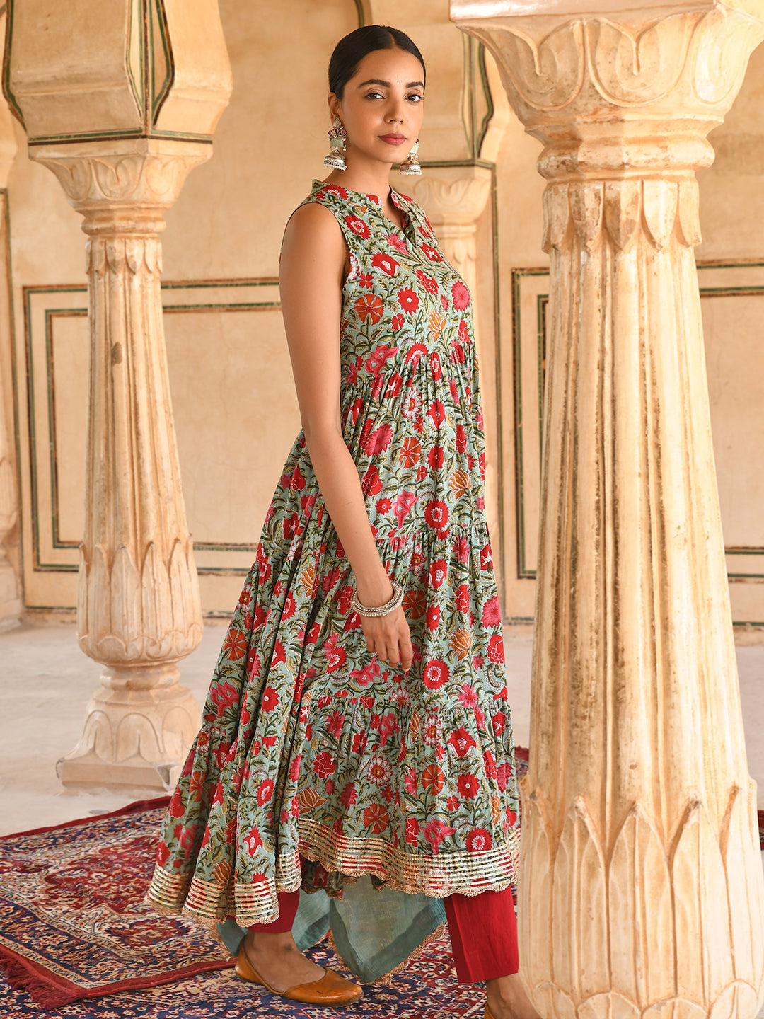 Janasya Women's Sea Green Cotton Floral Block Print Kurta With Pant And Dupatta | Swadesiicart