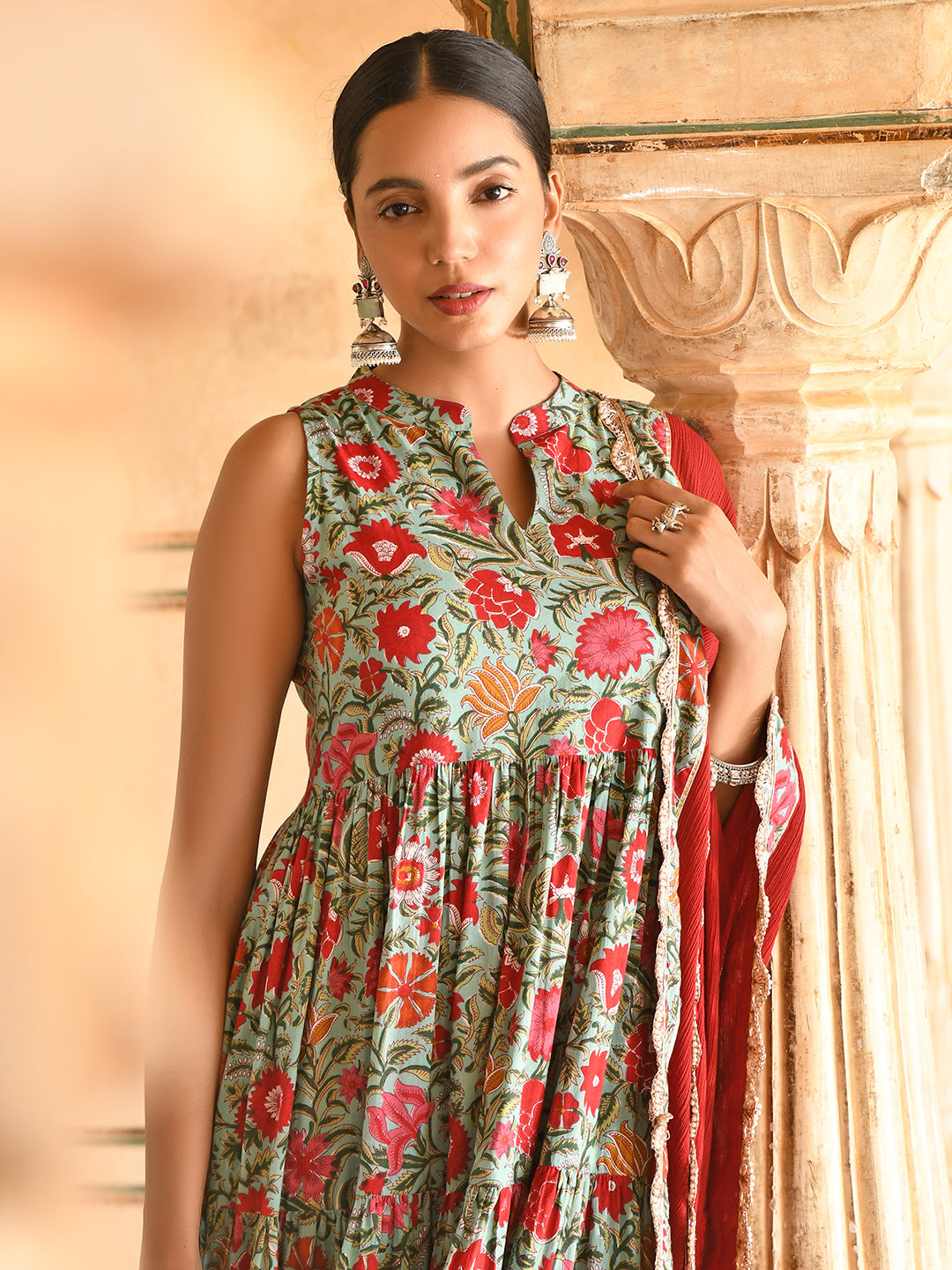 Janasya Women's Sea Green Cotton Floral Block Print Kurta With Pant And Dupatta | Swadesiicart