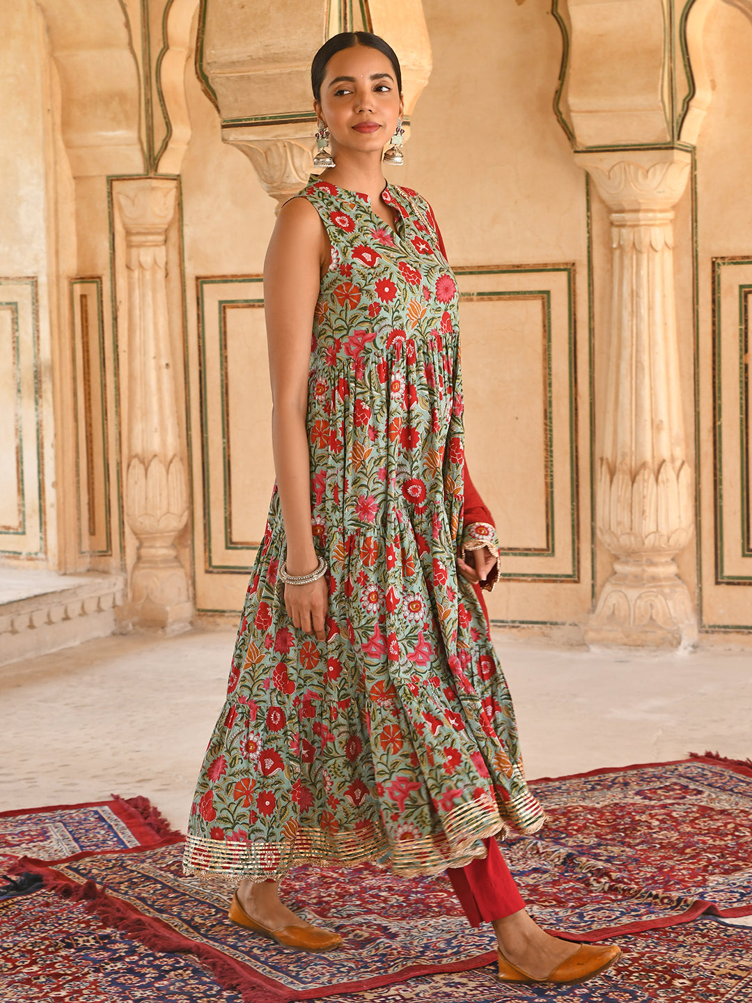 Janasya Women's Sea Green Cotton Floral Block Print Kurta With Pant And Dupatta | Swadesiicart