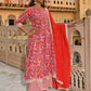 Janasya Women's Red Cotton Floral Block Print Kurta With Flared Palazzo And Dupatta | Swadesiicart