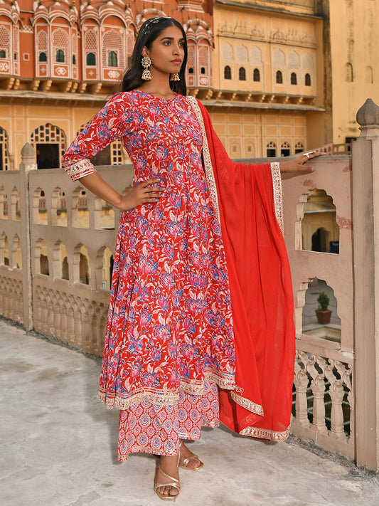 Janasya Women's Red Cotton Floral Block Print Kurta With Flared Palazzo And Dupatta | Swadesiicart