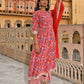 Janasya Women's Red Cotton Floral Block Print Kurta With Flared Palazzo And Dupatta | Swadesiicart
