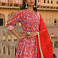 Janasya Women's Red Cotton Floral Block Print Kurta With Flared Palazzo And Dupatta | Swadesiicart