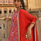 Janasya Women's Red Cotton Floral Block Print Kurta With Flared Palazzo And Dupatta | Swadesiicart