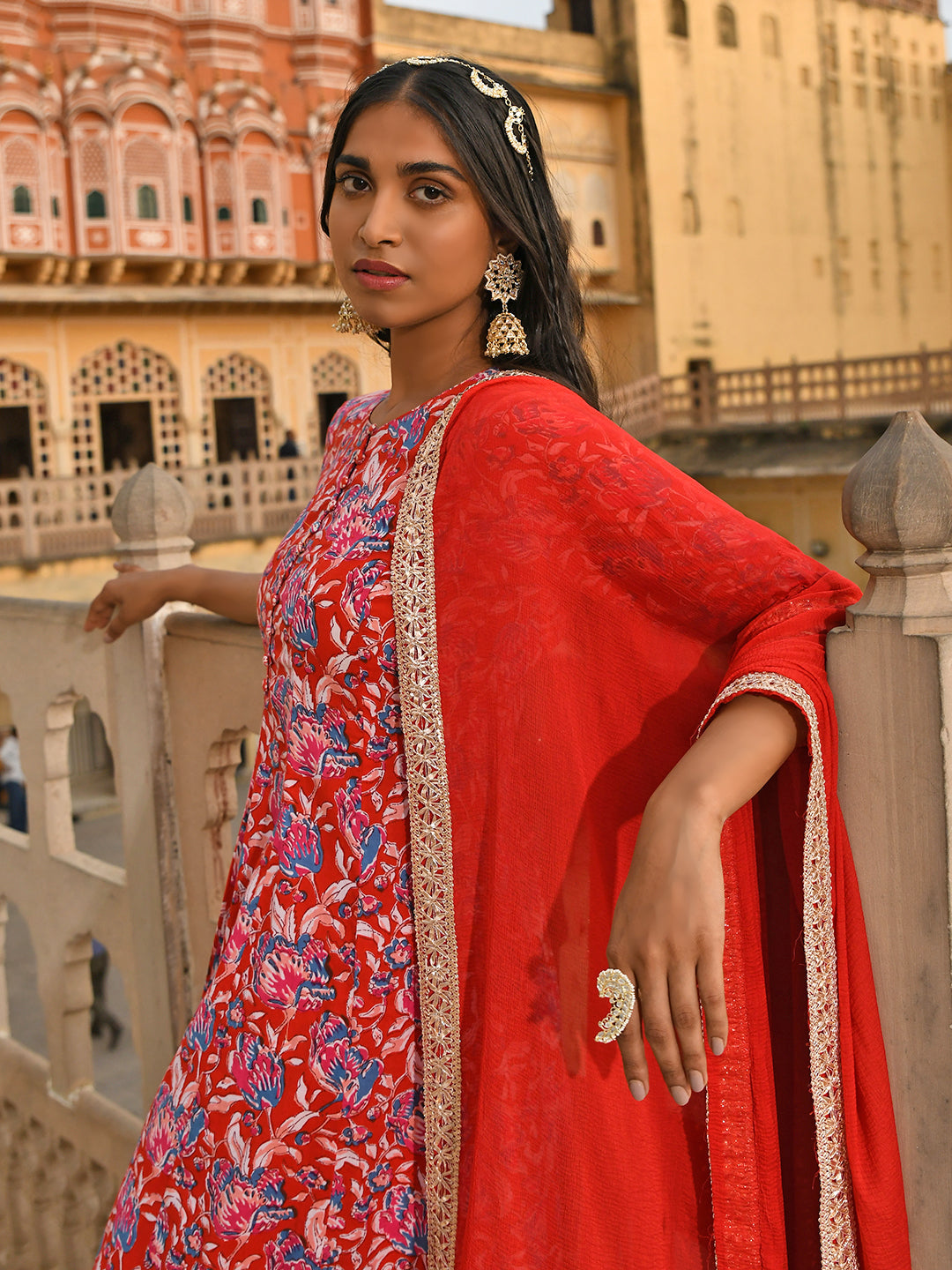 Janasya Women's Red Cotton Floral Block Print Kurta With Flared Palazzo And Dupatta | Swadesiicart