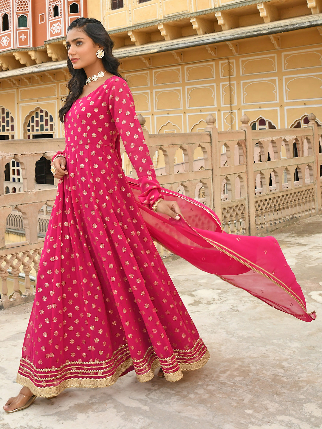 Janasya Women's Bright Pink Georgette Foil Print Kurta With Dupatta | Swadesiicart
