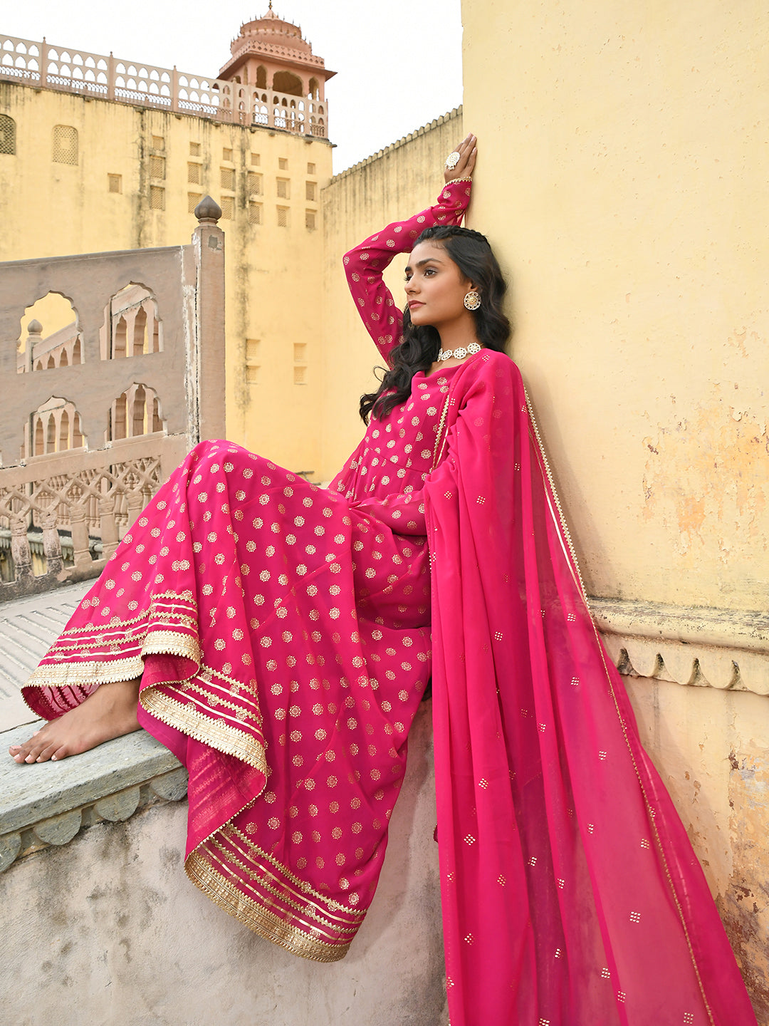 Janasya Women's Bright Pink Georgette Foil Print Kurta With Dupatta | Swadesiicart