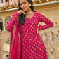 Janasya Women's Bright Pink Georgette Foil Print Kurta With Dupatta | Swadesiicart