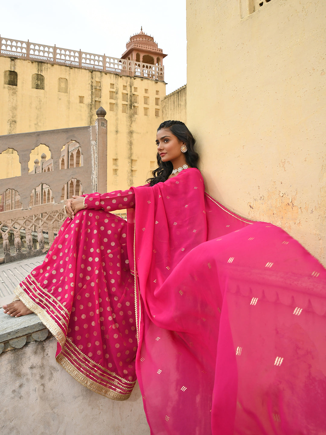 Janasya Women's Bright Pink Georgette Foil Print Kurta With Dupatta | Swadesiicart