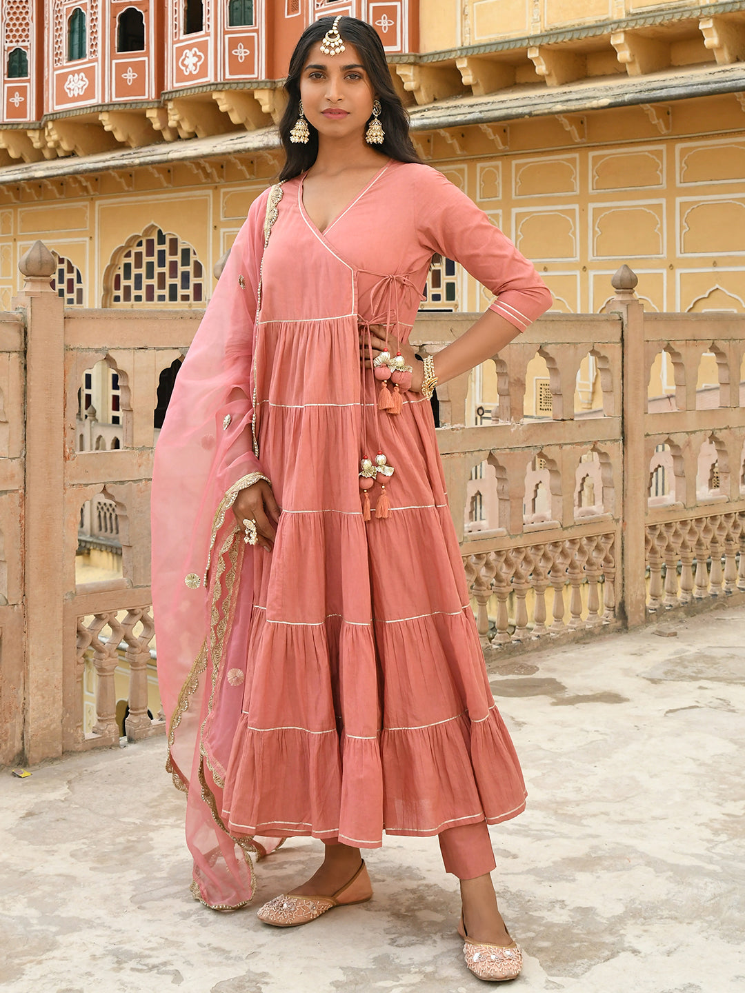 Janasya Women's Dusty Rose Cotton Embellished Kurta With Pant And Dupatta | Swadesiicart