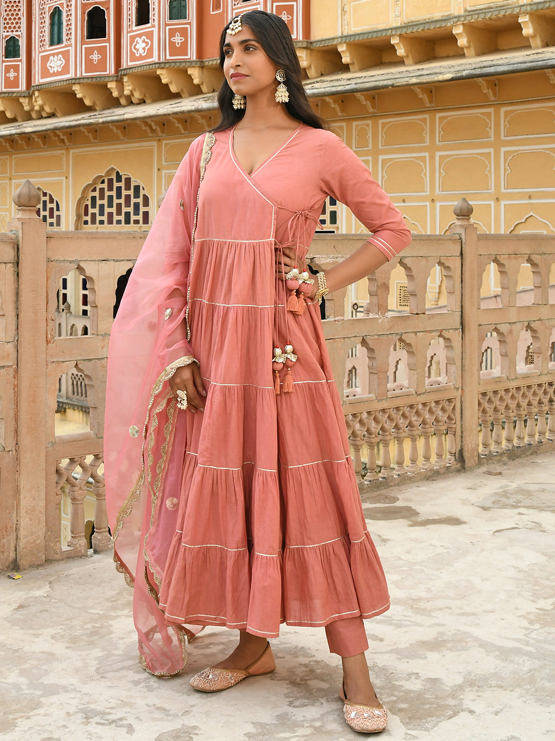 Janasya Women's Dusty Rose Cotton Embellished Kurta With Pant And Dupatta | Swadesiicart