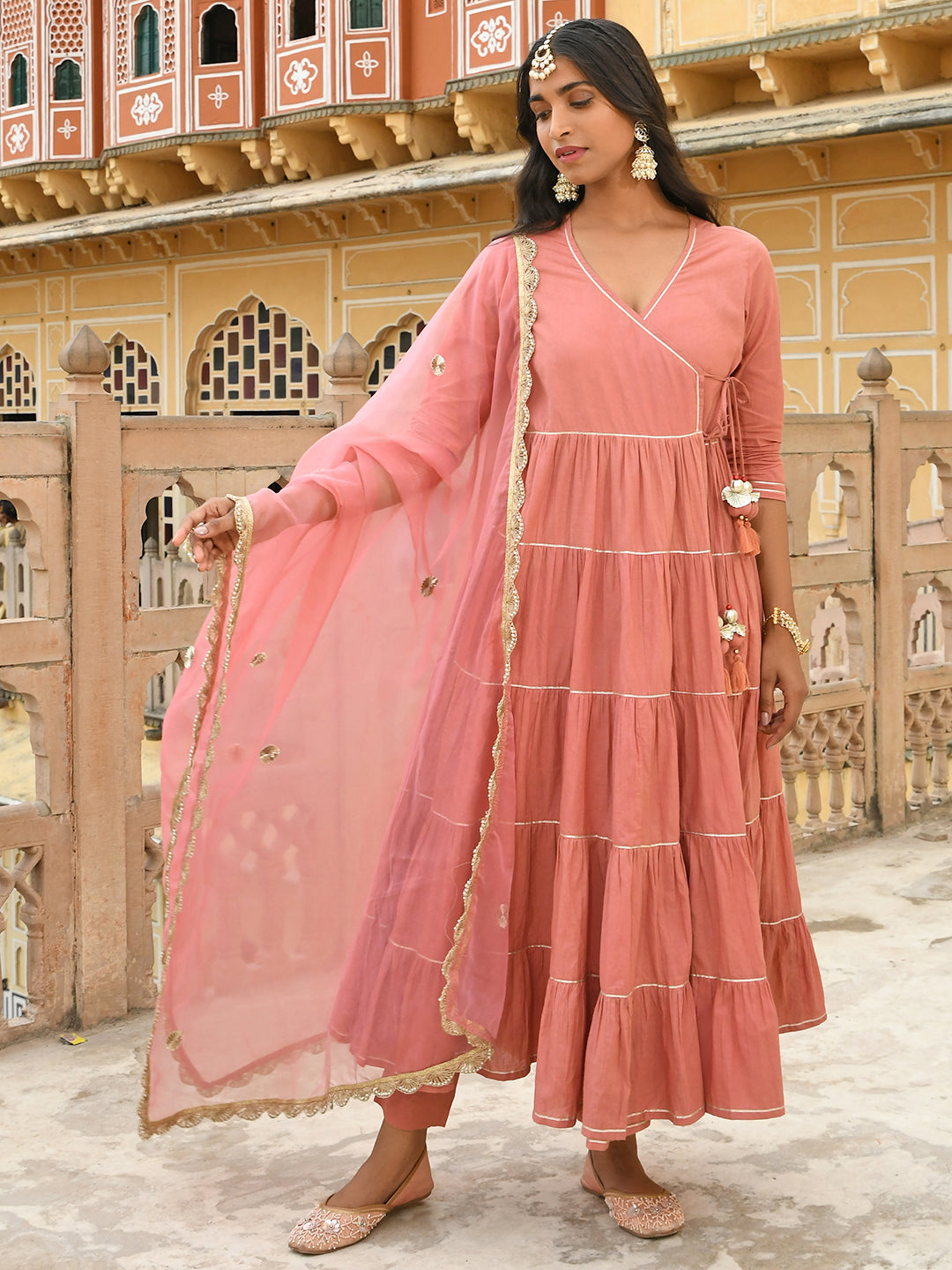 Janasya Women's Dusty Rose Cotton Embellished Kurta With Pant And Dupatta | Swadesiicart