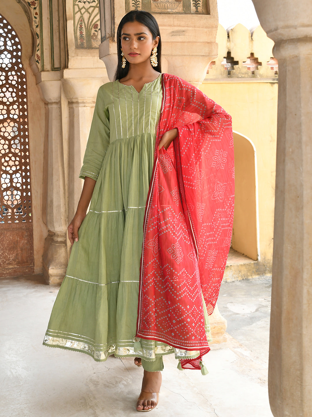 Janasya Women's Pastel Green Cotton Solid Kurta With Pant And Dupatta | Swadesiicart