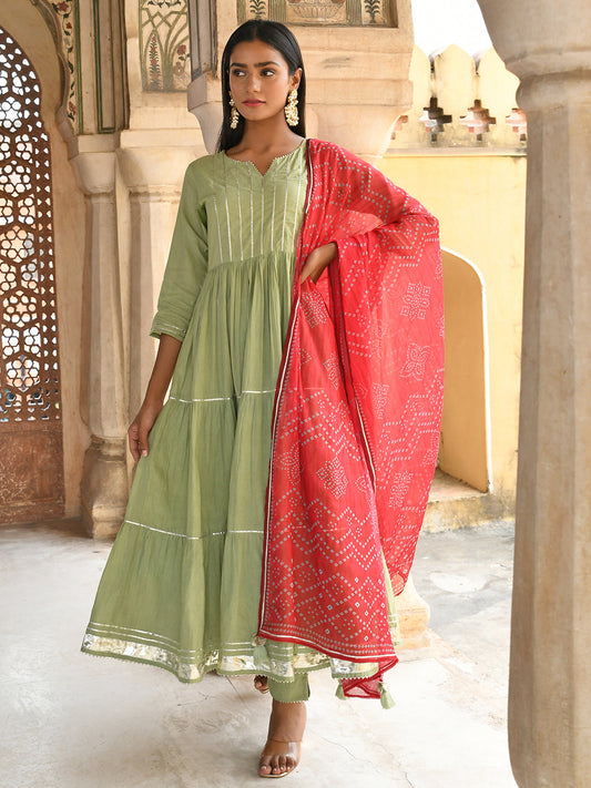 Janasya Women's Pastel Green Cotton Solid Kurta With Pant And Dupatta | Swadesiicart