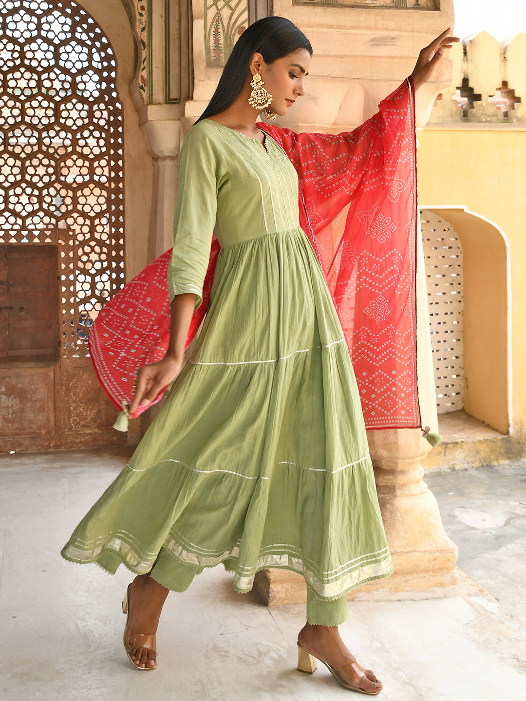 Janasya Women's Pastel Green Cotton Solid Kurta With Pant And Dupatta | Swadesiicart