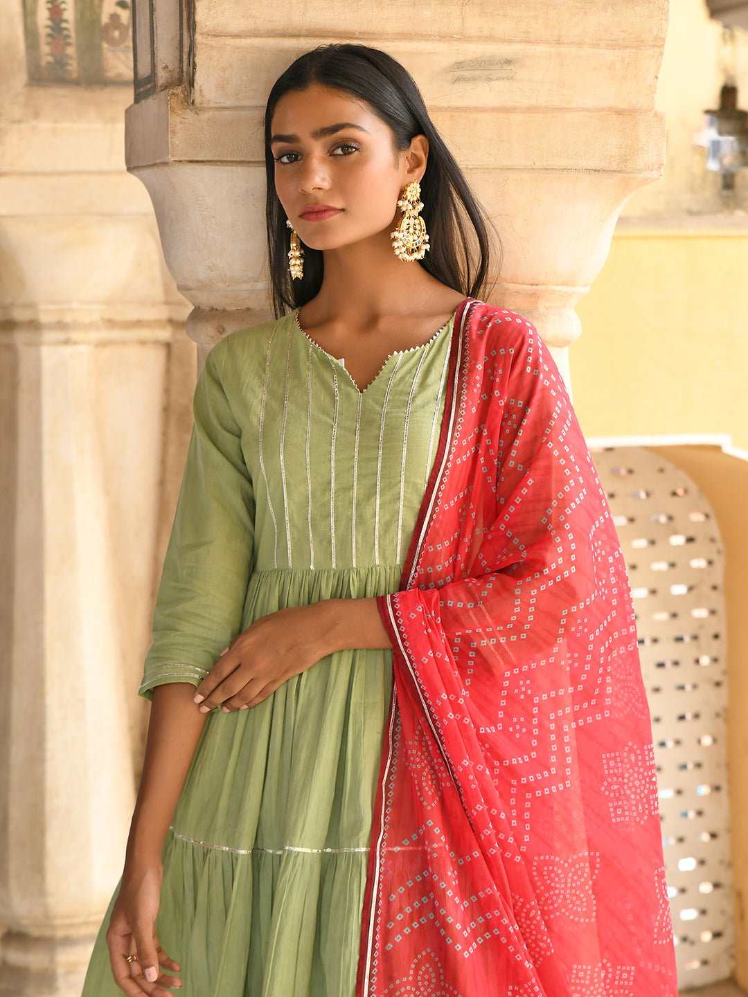 Janasya Women's Pastel Green Cotton Solid Kurta With Pant And Dupatta | Swadesiicart