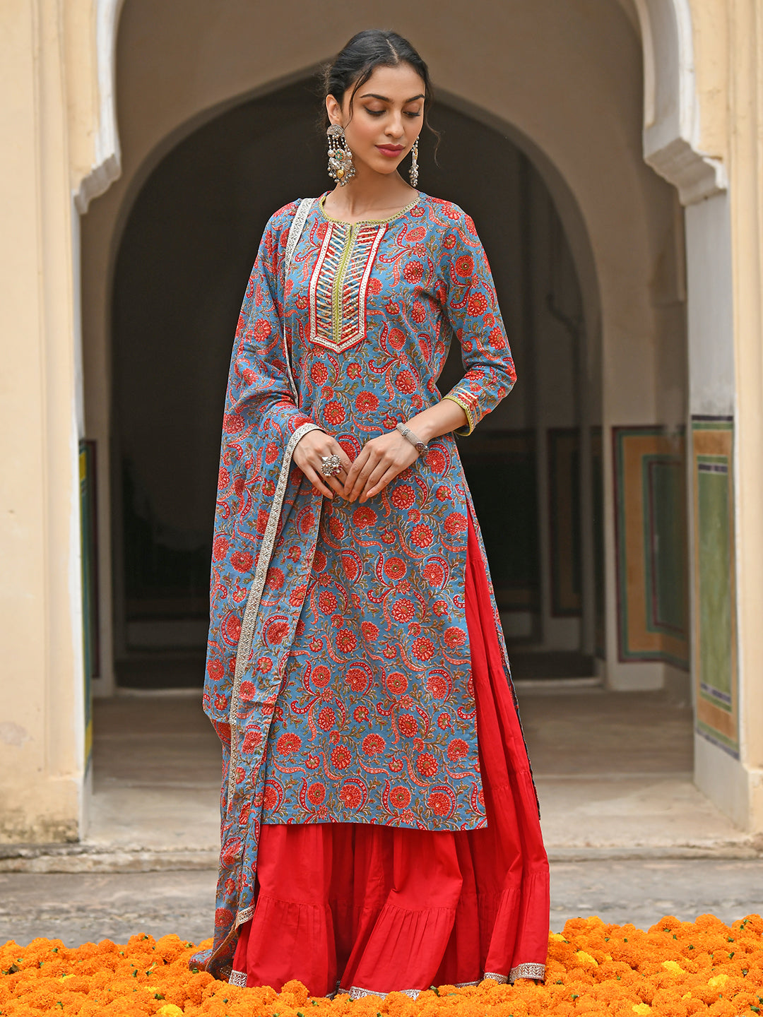 Janasya Women's Sky Blue Cotton Floral Block Print Kurta With Gharara And Dupatta | Swadesiicart
