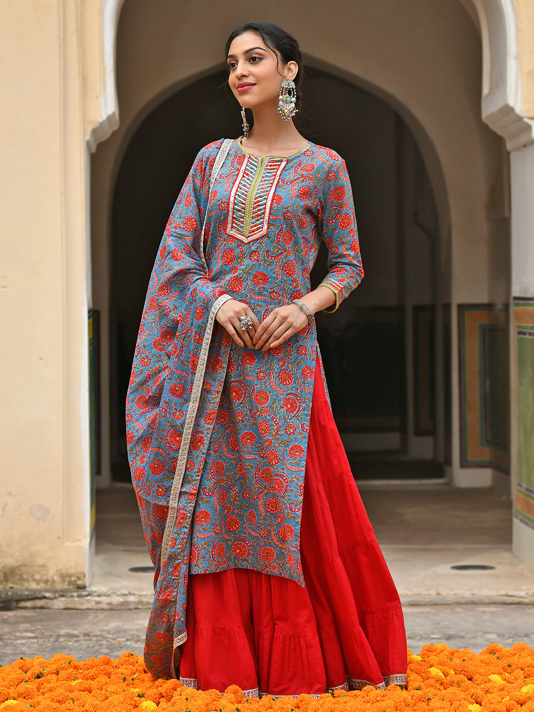 Janasya Women's Sky Blue Cotton Floral Block Print Kurta With Gharara And Dupatta | Swadesiicart