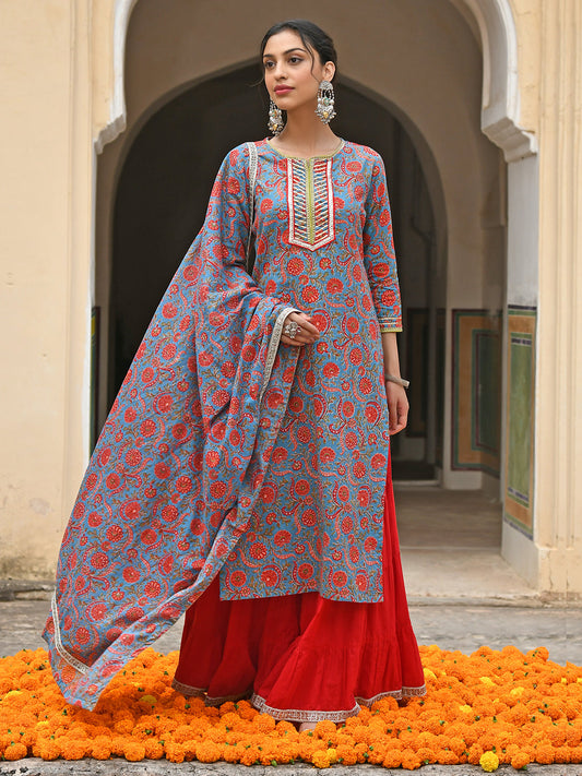 Janasya Women's Sky Blue Cotton Floral Block Print Kurta With Gharara And Dupatta | Swadesiicart
